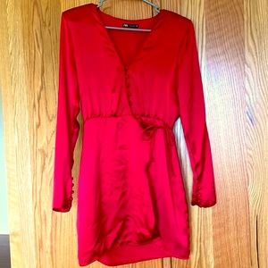 Zara red satin wrap button front dress tunic